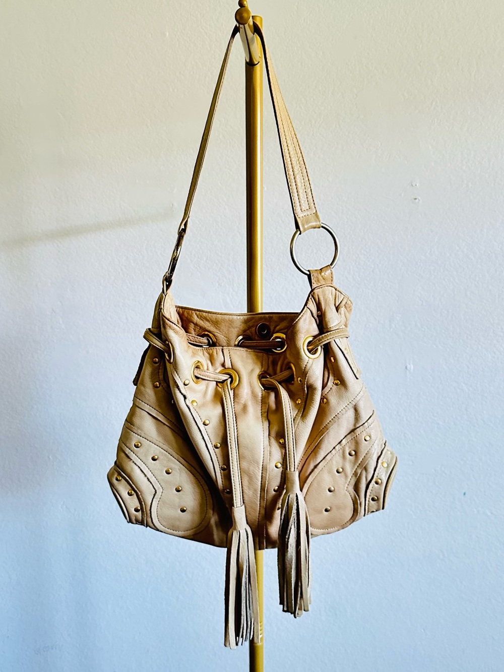 Vintage Bulga Beige Leather Studded Drawstring Hobo Tassel Bag